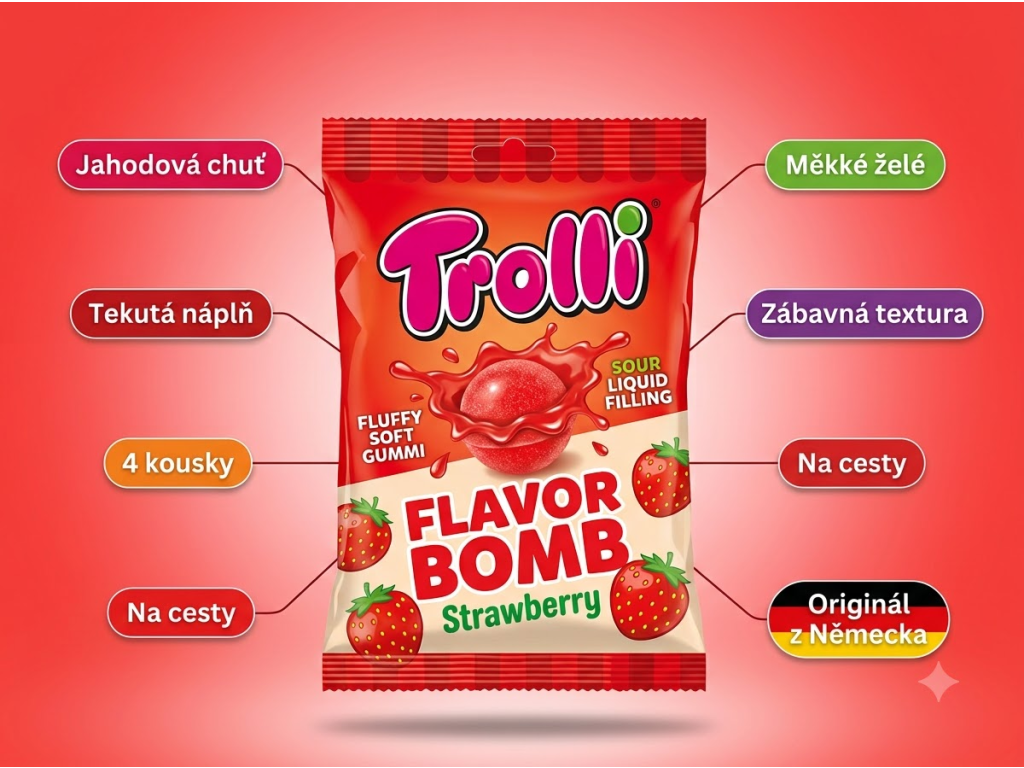 Trolli Flavor Bomb jahodové želé kuličky s tekutou náplní 4 ks, 75 g - infografika výhod
