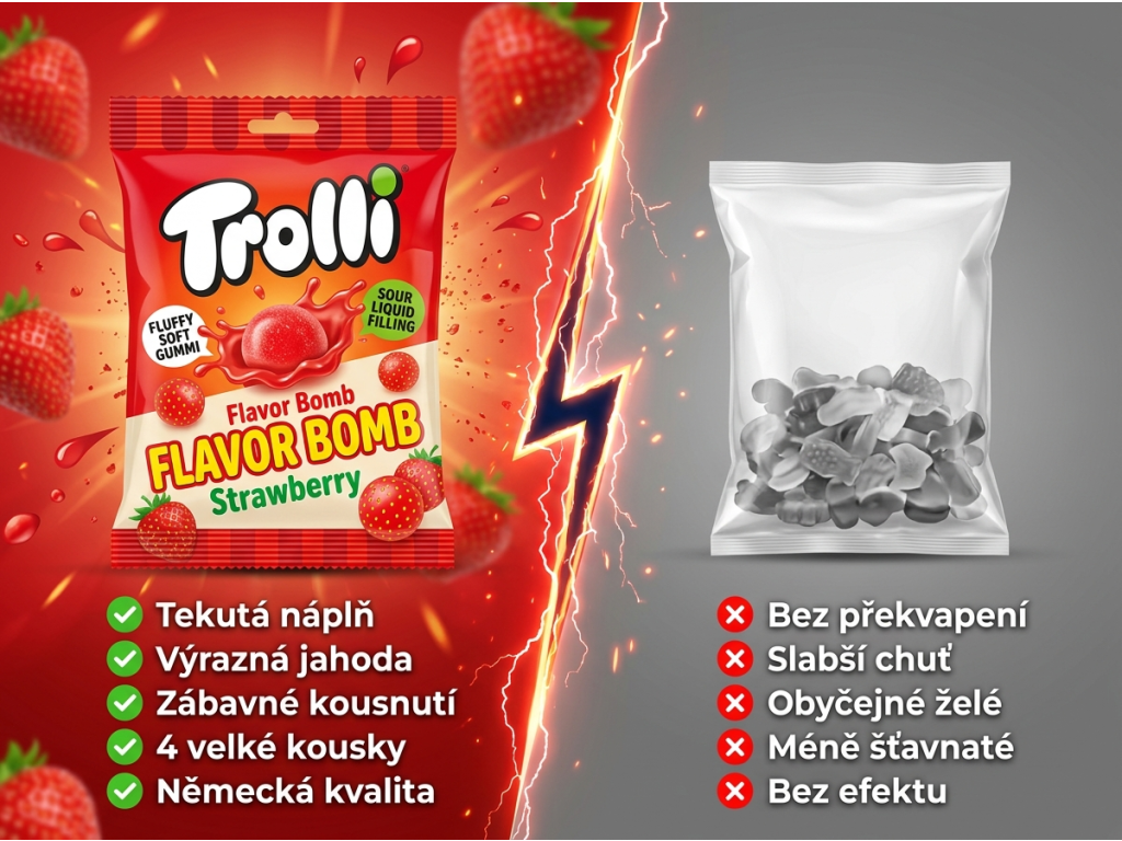Trolli Flavor Bomb jahodové želé kuličky s tekutou náplní 4 ks, 75 g - srovnání s běžnými bonbony