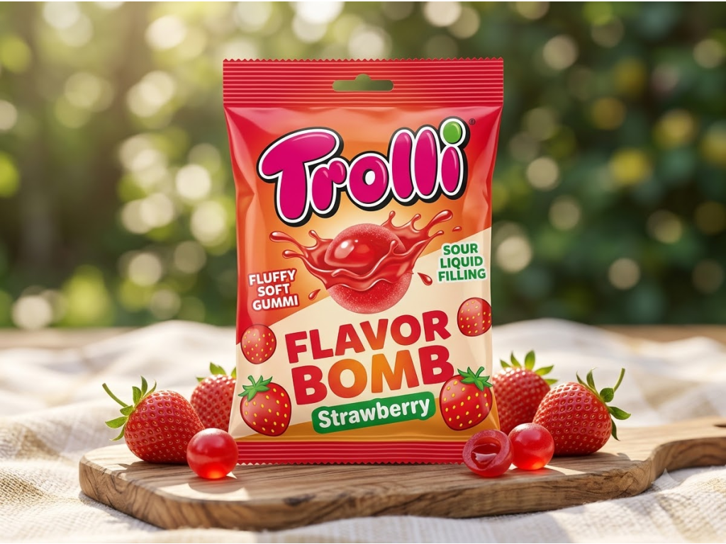 Trolli Flavor Bomb jahodové želé kuličky s tekutou náplní 4 ks, 75 g - jahodový kontext