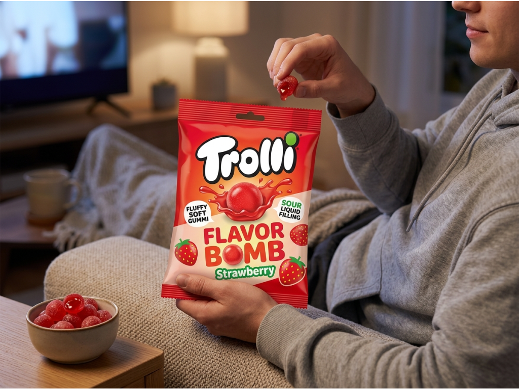 Trolli Flavor Bomb jahodové želé kuličky s tekutou náplní 4 ks, 75 g - mlsání u filmu