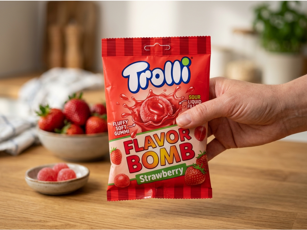 Trolli Flavor Bomb jahodové želé kuličky s tekutou náplní 4 ks, 75 g - produkt v ruce