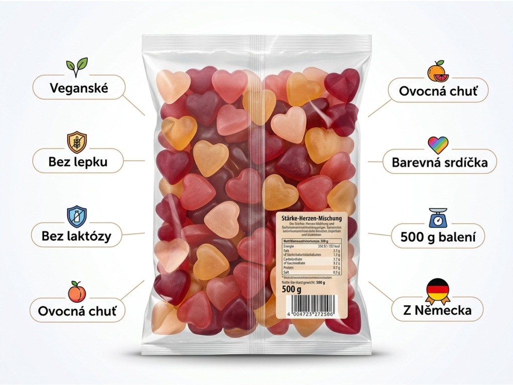 Trolli gumové bonbony barevná srdíčka 500 g - infografika