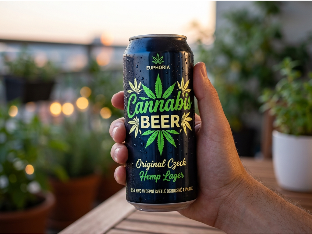 Euphoria konopné pivo v plechovce 500 ml - plechovka v ruce