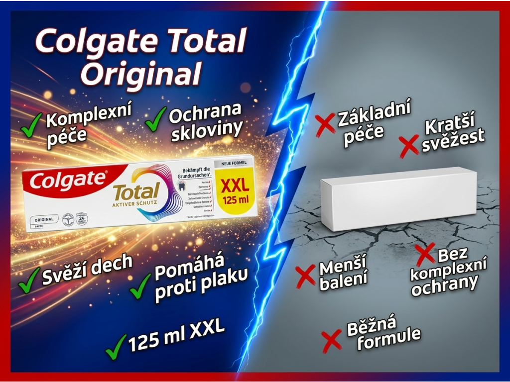 Colgate Total Original zubní pasta pro kompletní ochranu XXL 125 ml - srovnání komplexní péče