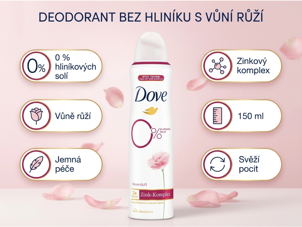 Dove deodorant ve spreji se zinkovým komplexem a vůní růží 150 ml – hlavní výhody
