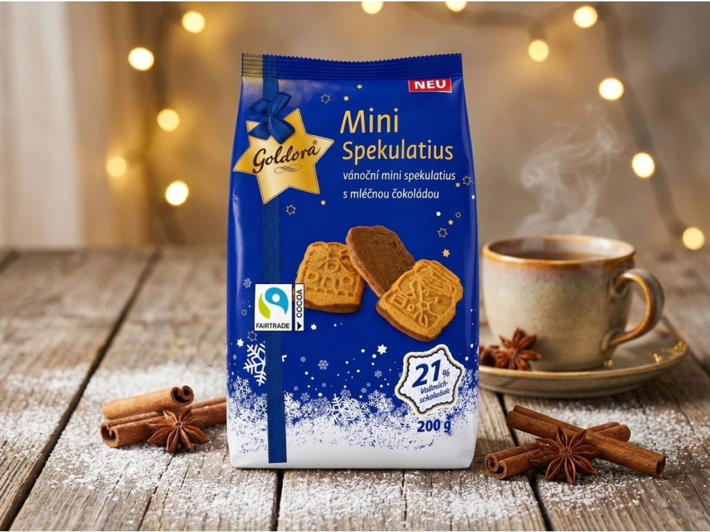 Goldora vánoční mini kořeněné sušenky s mléčnou čokoládou 200 g - vánoční servírování