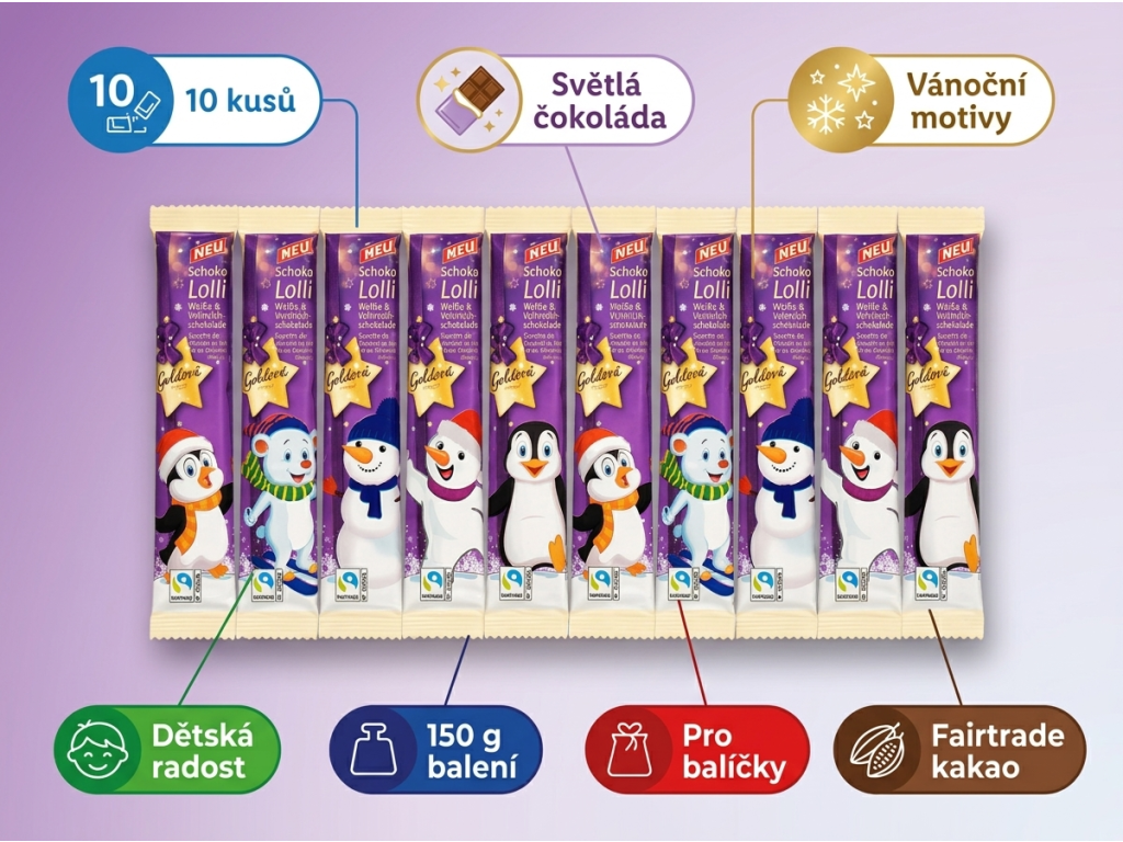 Goldora Vánoční lízátka z bílé čokolády 10 ks 150g - infografika