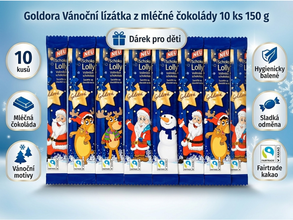 Goldora vánoční lízátka z mléčné čokolády 10 ks, 150 g - infografika