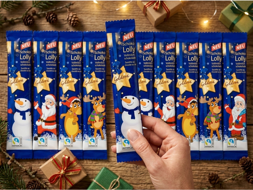 Goldora vánoční lízátka z mléčné čokolády 10 ks, 150 g - detail v ruce