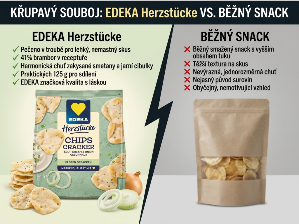 Edeka Herzstücke pečené chipsové krekry se zakysanou smetanou a cibulkou 125 g – srovnání s běžným snackem