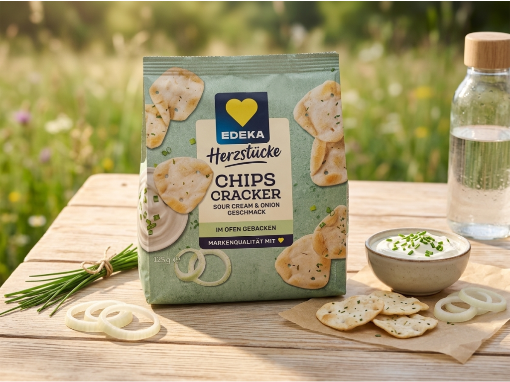 Edeka Herzstücke pečené chipsové krekry se zakysanou smetanou a cibulkou 125 g – servírování v přírodním prostředí