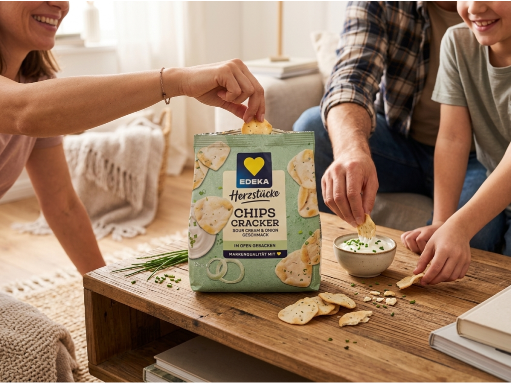 Edeka Herzstücke pečené chipsové krekry se zakysanou smetanou a cibulkou 125 g – společné mlsání