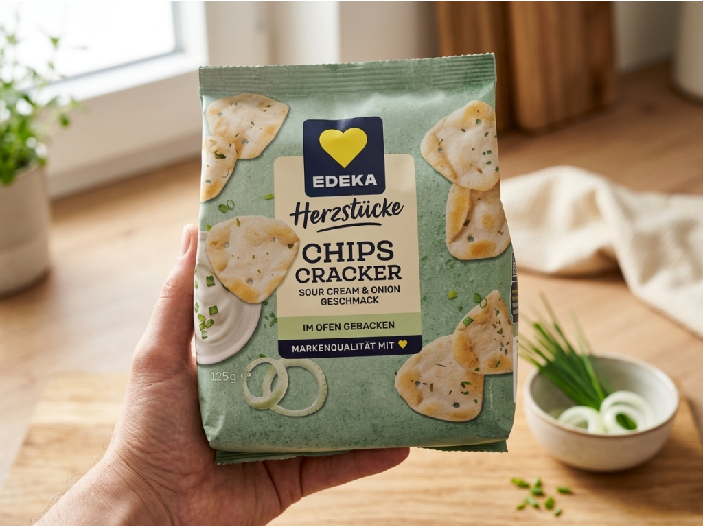 Edeka Herzstücke pečené chipsové krekry se zakysanou smetanou a cibulkou 125 g – balení v ruce