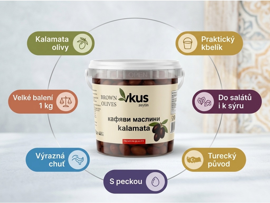 Vkus hnědé olivy Kalamata 1 kg – hlavní vlastnosti