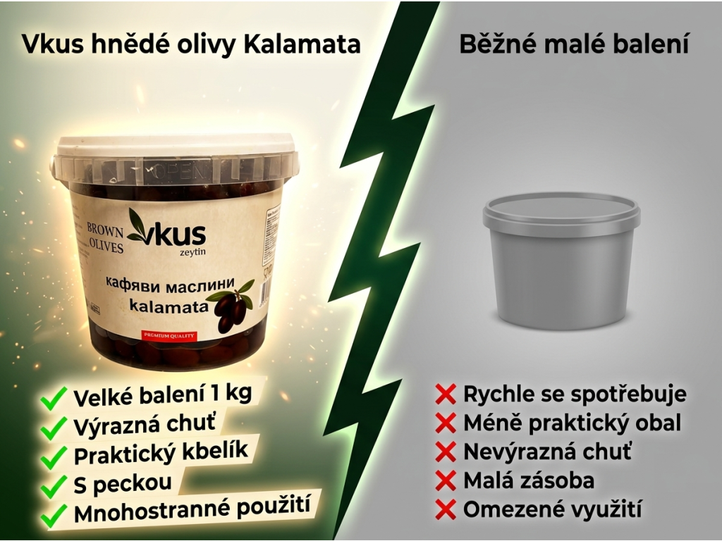 Srovnání Vkus hnědých oliv Kalamata s běžným malým balením