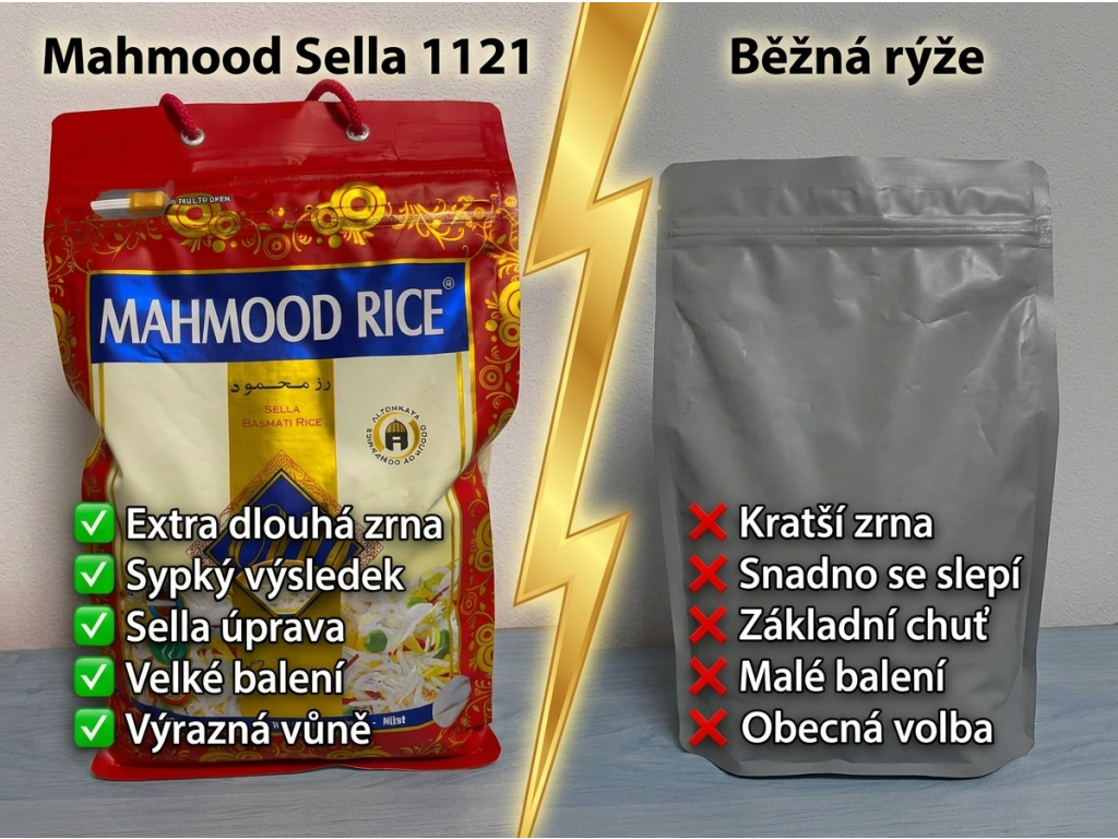 Srovnání Mahmood Sella Basmati s běžnou rýží