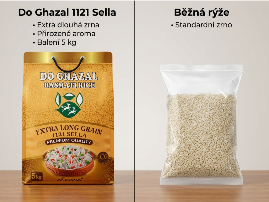 Srovnání Do Ghazal basmati rýže 1121 Sella s běžnou rýží