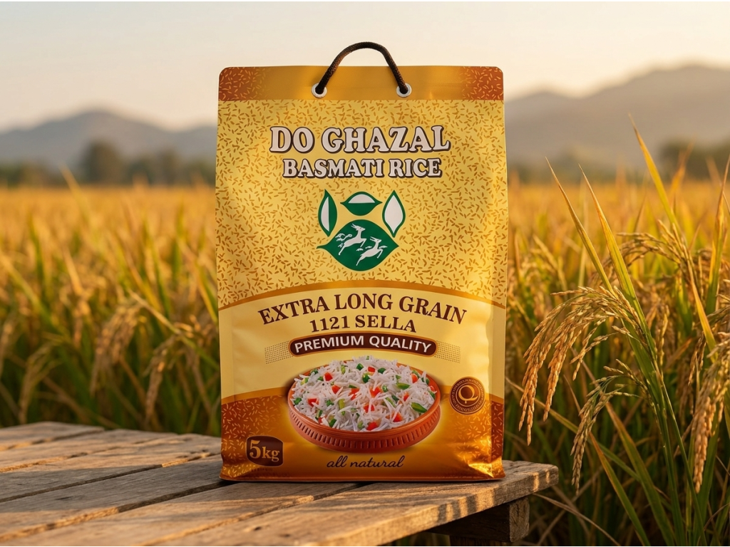 Do Ghazal basmati rýže 1121 Sella 5 kg v prostředí rýžových polí