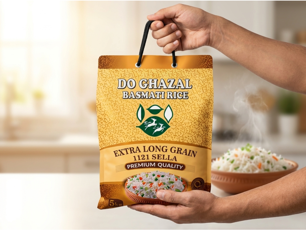 Do Ghazal basmati rýže 1121 Sella 5 kg v ruce