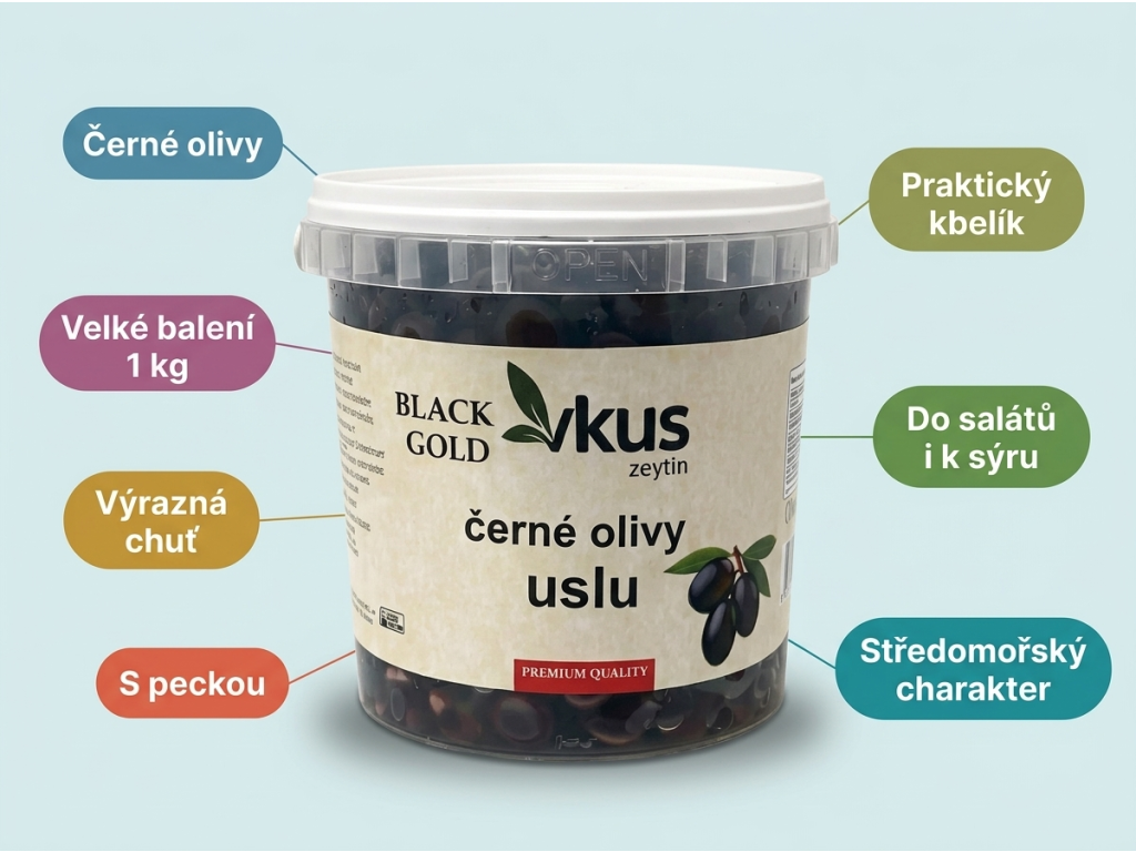 Vkus černé olivy Kalamata 1 kg – hlavní vlastnosti