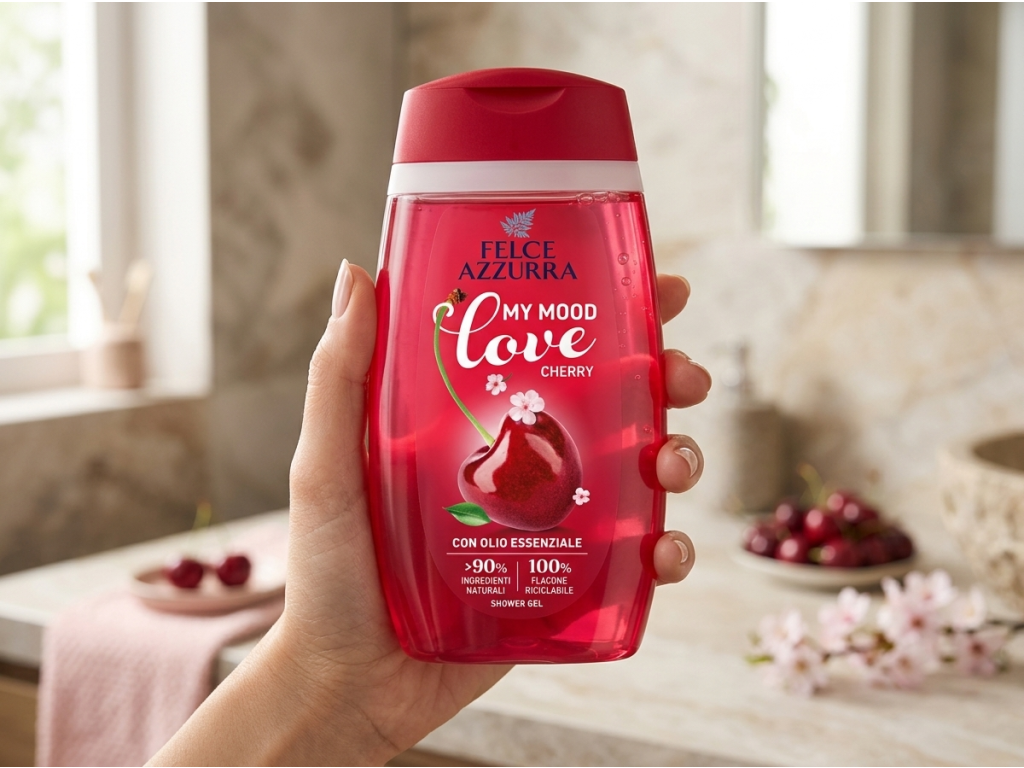 Felce Azzurra Love Cherry sprchový gel v ruce