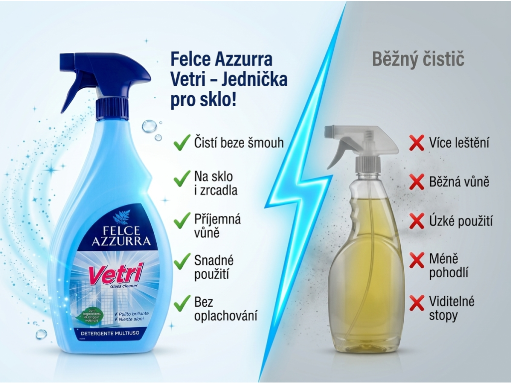 Srovnání čističe Felce Azzurra Vetri s běžným čističem