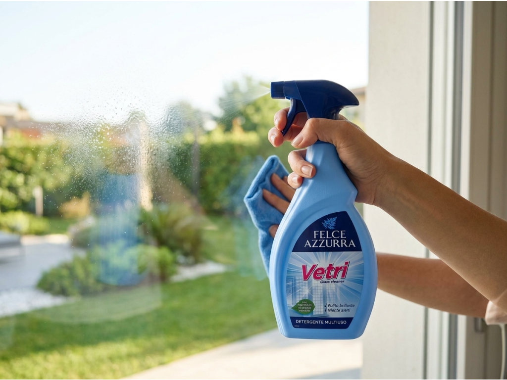 Použití čističe Felce Azzurra Vetri na okno