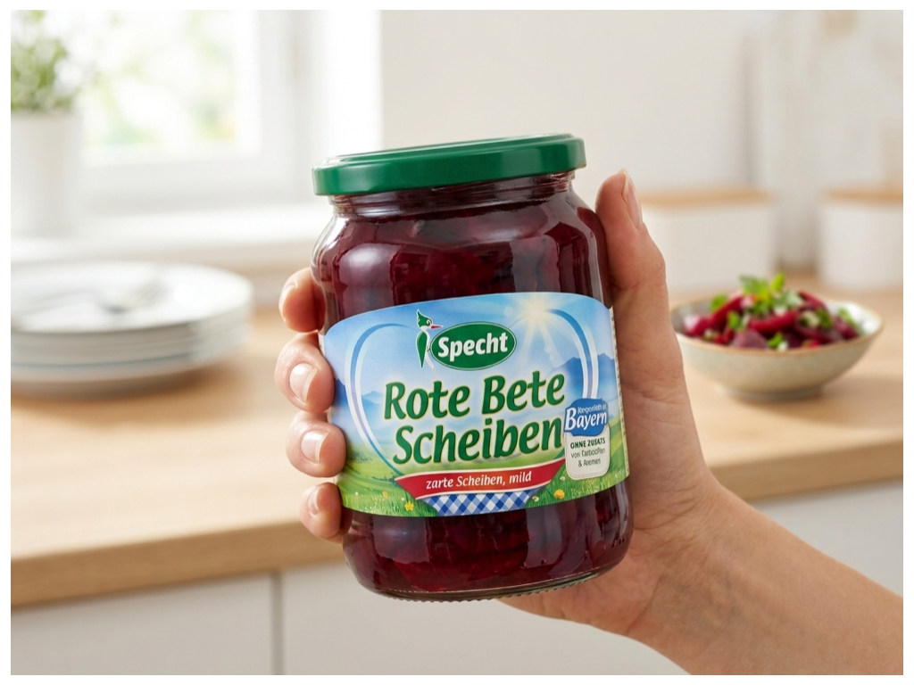 Sklenice Specht červené řepy 670 g v ruce