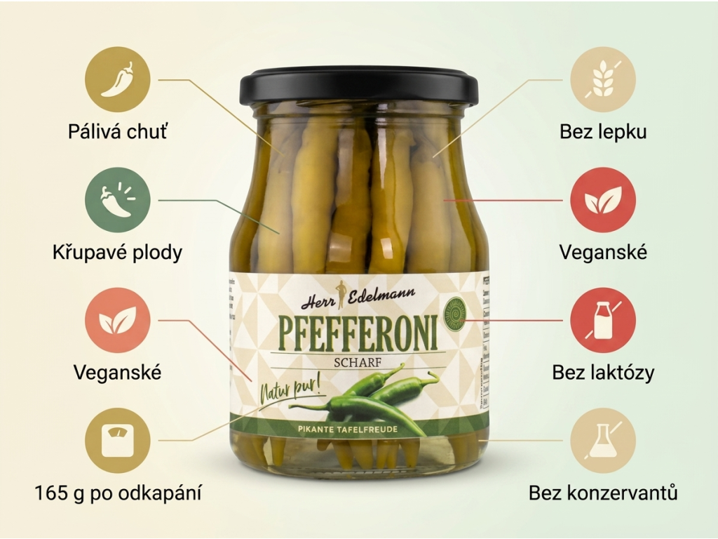 Herr Edelmann ostré zelené feferonky 320 g – hlavní výhody