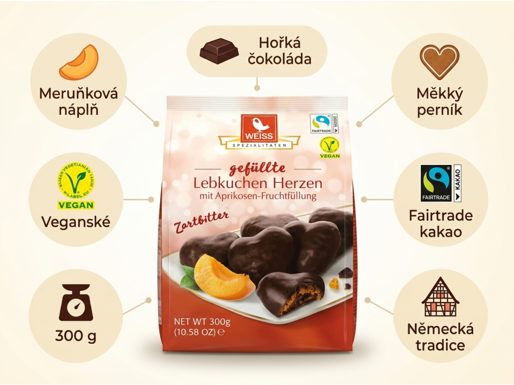 Weiss plněná perníková srdíčka s meruňkovou náplní a hořkou čokoládou 300 g - hlavní vlastnosti