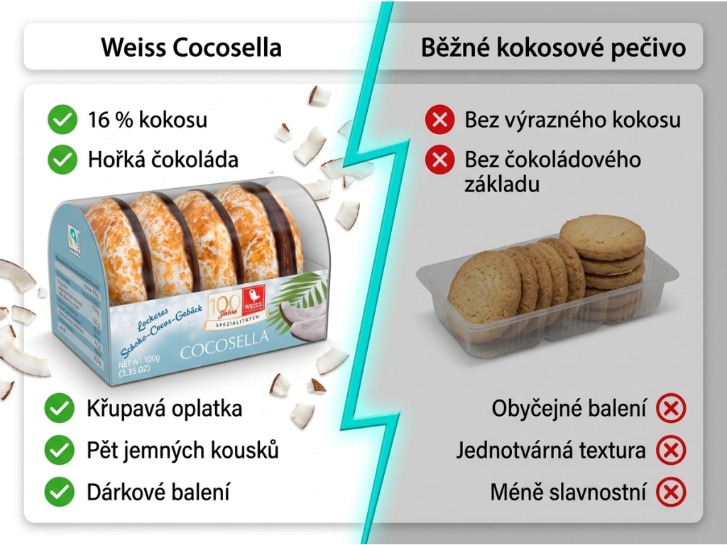 Weiss Cocosella kokosové pečivo na oplatce s hořkou čokoládou 100 g – srovnání kokosového pečiva