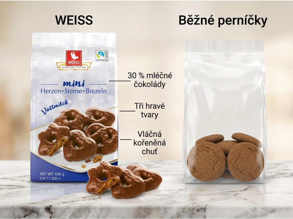 Weiss mini perníčky srdíčka, hvězdičky a preclíky v mléčné čokoládě 400 g - srovnání perníčků