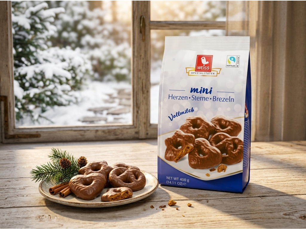 Weiss mini perníčky srdíčka, hvězdičky a preclíky v mléčné čokoládě 400 g - perníčky v zimním prostředí