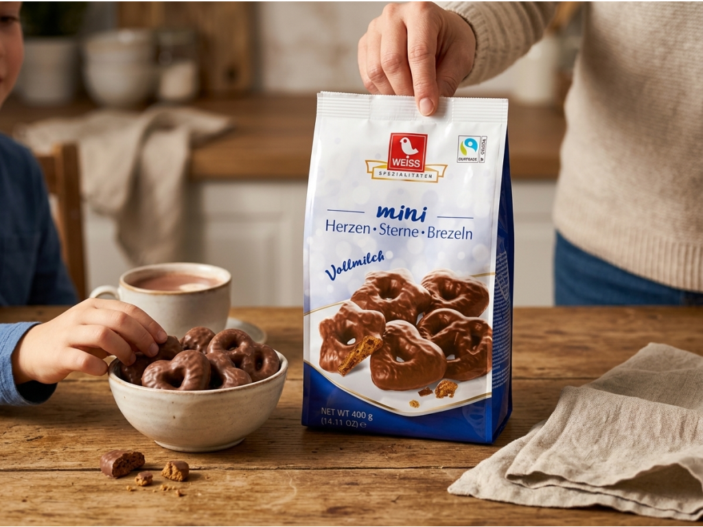 Weiss mini perníčky srdíčka, hvězdičky a preclíky v mléčné čokoládě 400 g - společné servírování