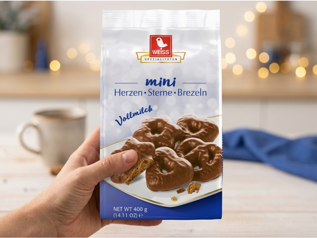 Weiss mini perníčky srdíčka, hvězdičky a preclíky v mléčné čokoládě 400 g - balení v ruce