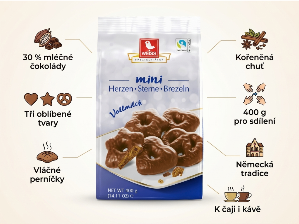 Weiss mini perníčky srdíčka, hvězdičky a preclíky v mléčné čokoládě 400 g - přehled výhod
