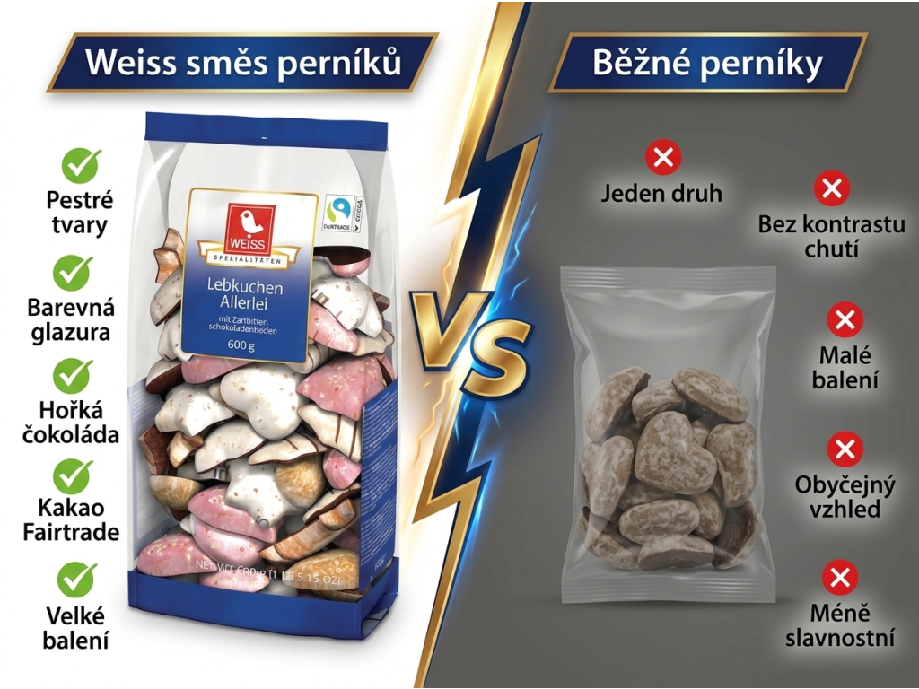 Weiss pestrá směs glazovaných perníků s hořkou čokoládou 600 g - srovnání s běžnými perníky