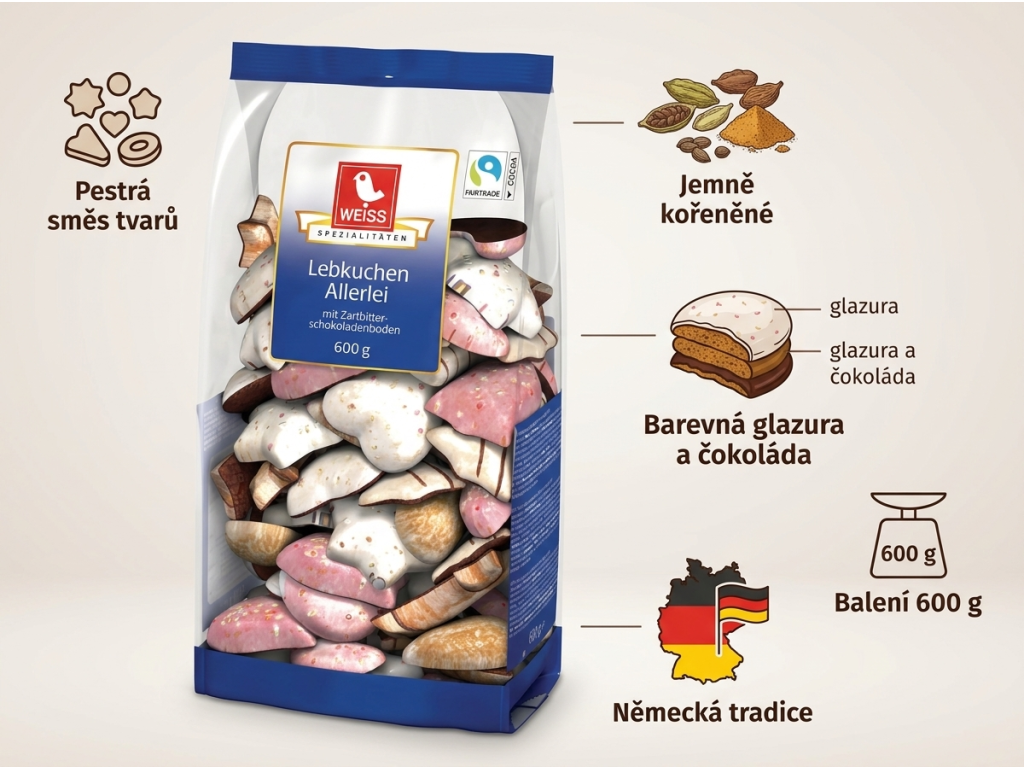 Weiss pestrá směs glazovaných perníků s hořkou čokoládou 600 g - hlavní vlastnosti