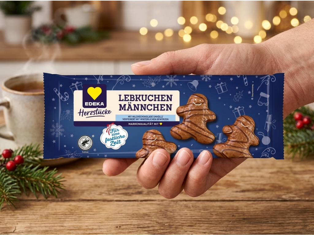 Edeka Herzstücke perníkoví panáčci v mléčné čokoládě s hořkým dekorem 200 g držený v ruce