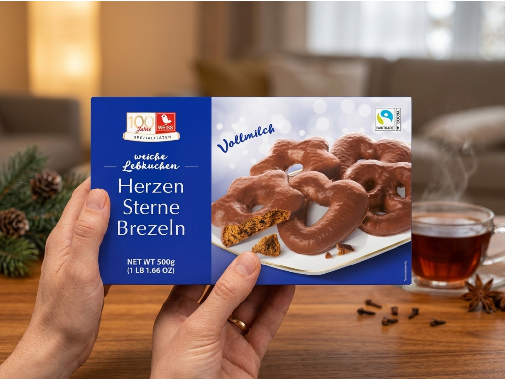 Weiss měkké perníčky srdíčka, hvězdičky a preclíky v mléčné čokoládě 500 g - balení držené v ruce
