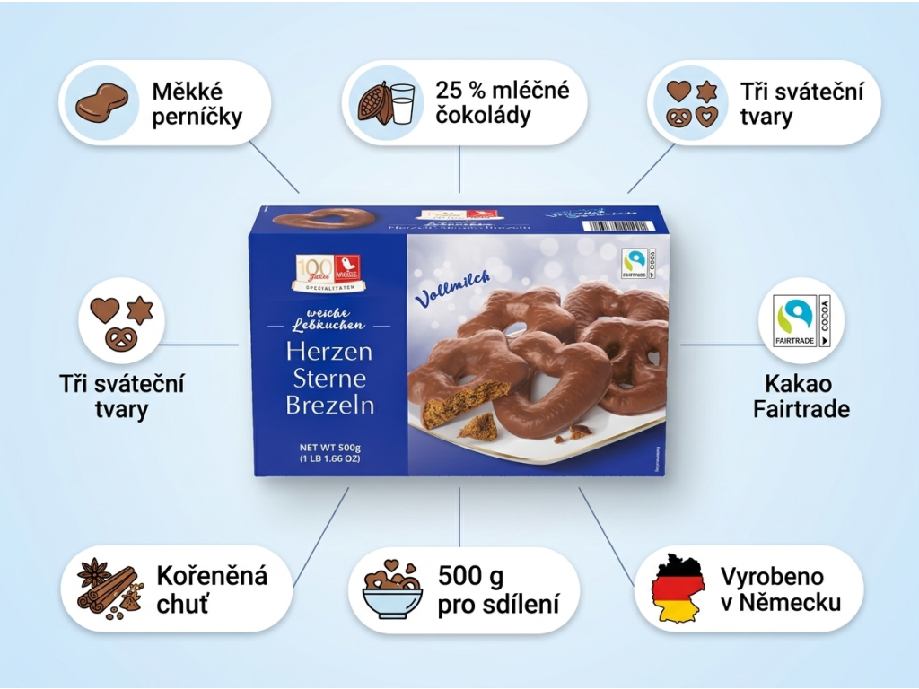 Weiss měkké perníčky srdíčka, hvězdičky a preclíky v mléčné čokoládě 500 g - přehled hlavních výhod