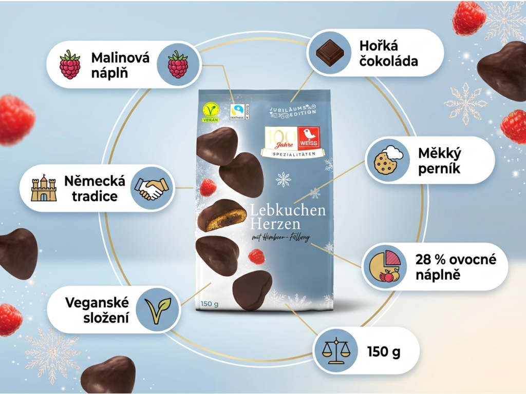 Weiss plněná perníková srdíčka s malinovou náplní a hořkou čokoládou 150 g - hlavní vlastnosti