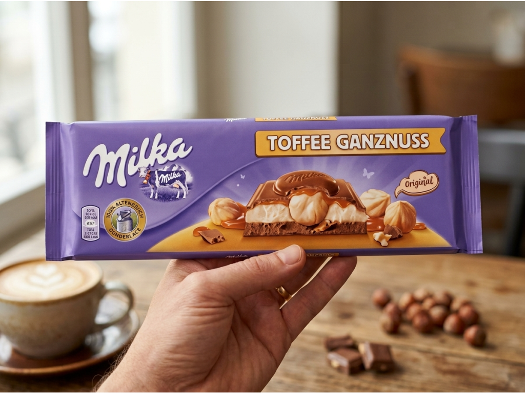 Milka MMMAX s karamelem a celými lískovými ořechy držená v ruce