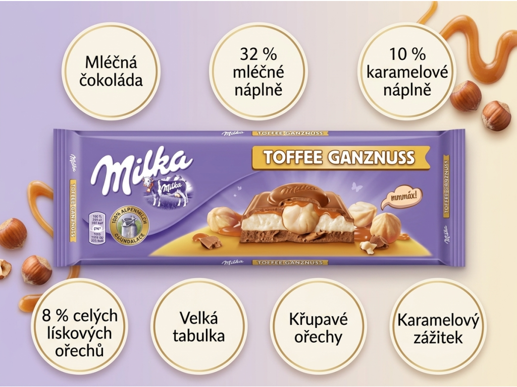 Milka MMMAX – hlavní výhody čokolády s karamelem a lískovými ořechy