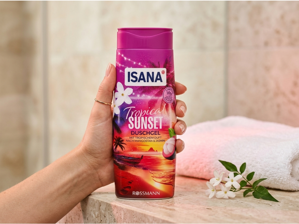 Isana Tropical Sunset sprchový gel držený v ruce