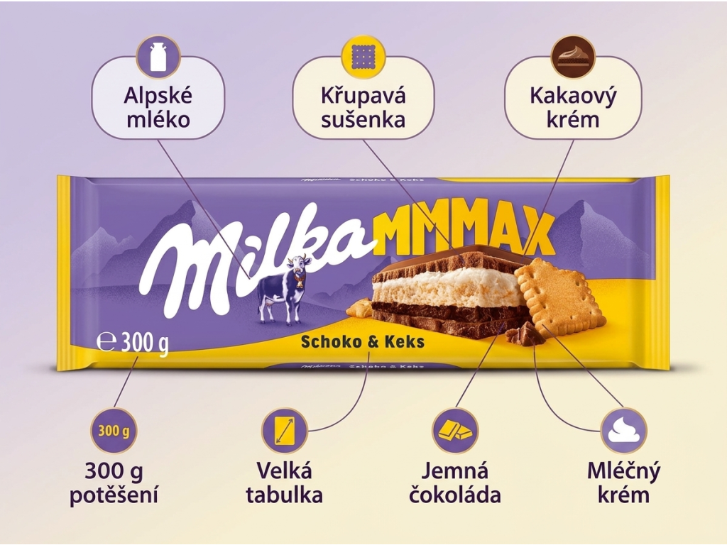 Milka MMMAX mléčná čokoláda se sušenkou a dvojitou krémovou náplní 300 g - hlavní vlastnosti