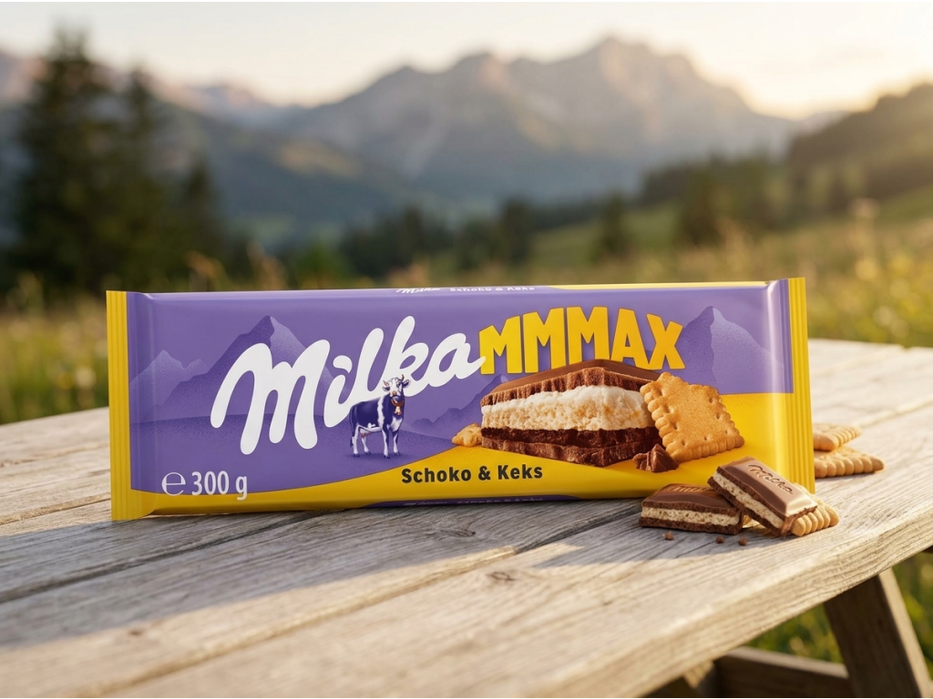 Milka MMMAX mléčná čokoláda se sušenkou a dvojitou krémovou náplní 300 g v přírodním prostředí