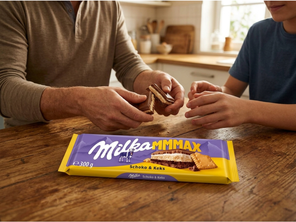 Milka MMMAX mléčná čokoláda se sušenkou a dvojitou krémovou náplní 300 g při společném mlsání