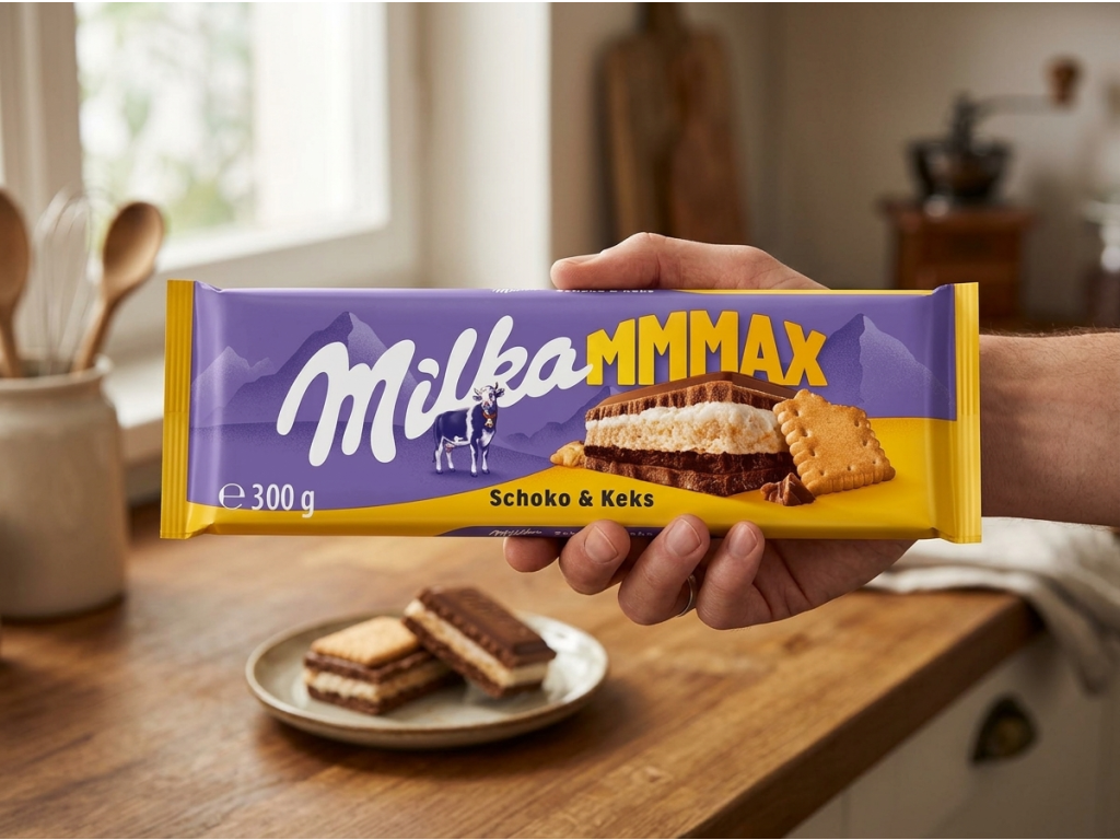 Milka MMMAX mléčná čokoláda se sušenkou a dvojitou krémovou náplní 300 g držená v ruce