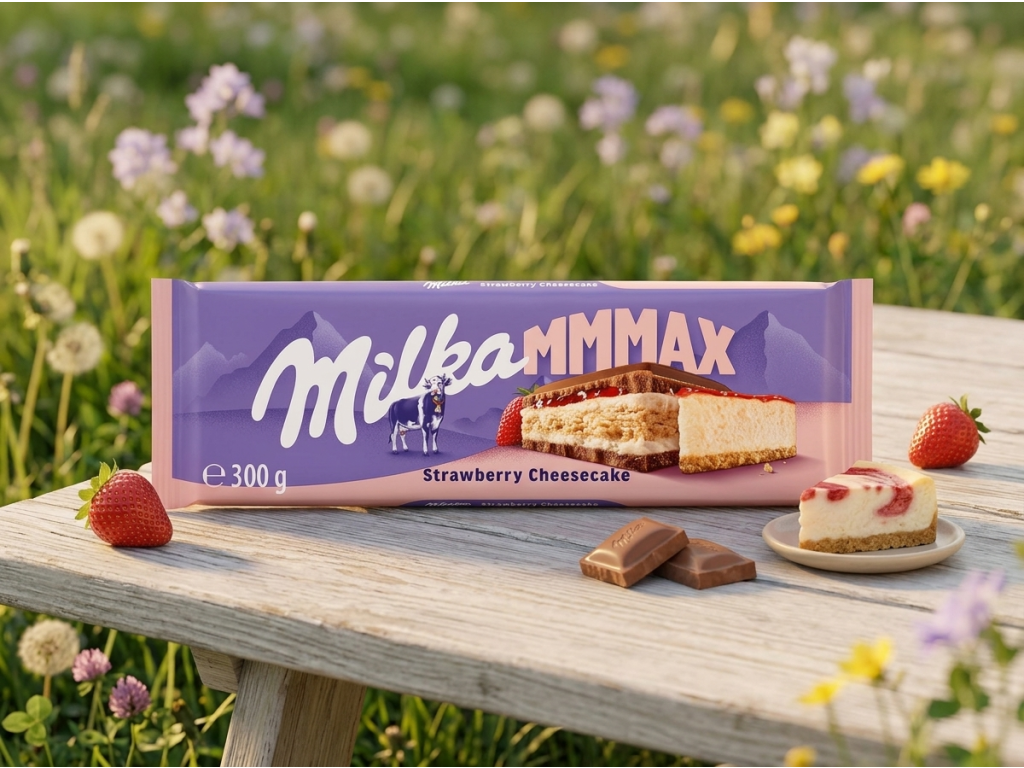 Milka MMMAX mléčná čokoláda s jahodovým cheesecakem a sušenkou 300 g - čokoláda s jahodami a cheesecakem